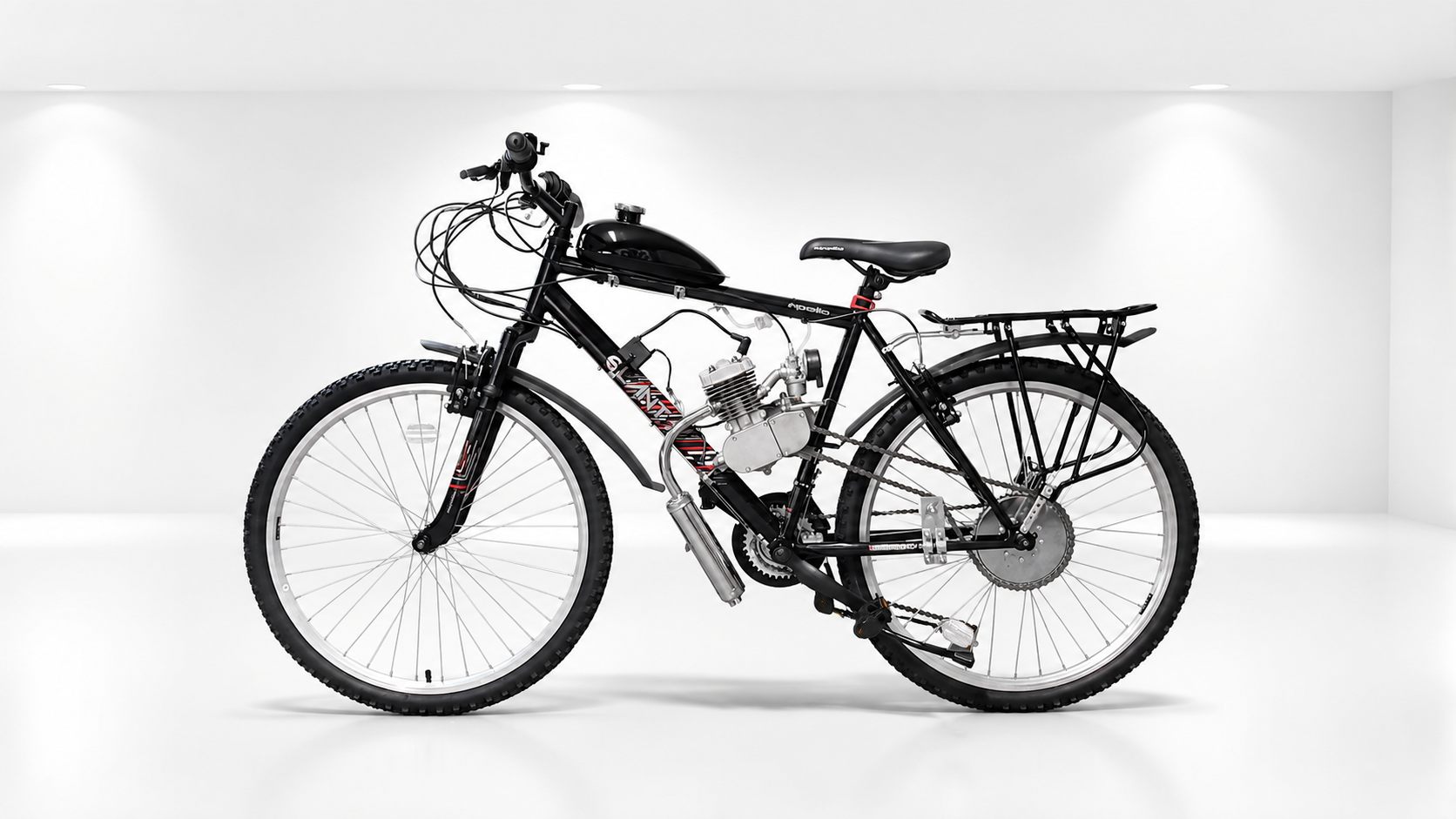 Black 80cc motorized bike with a petrol engine kit fitted, photographed in a white studio